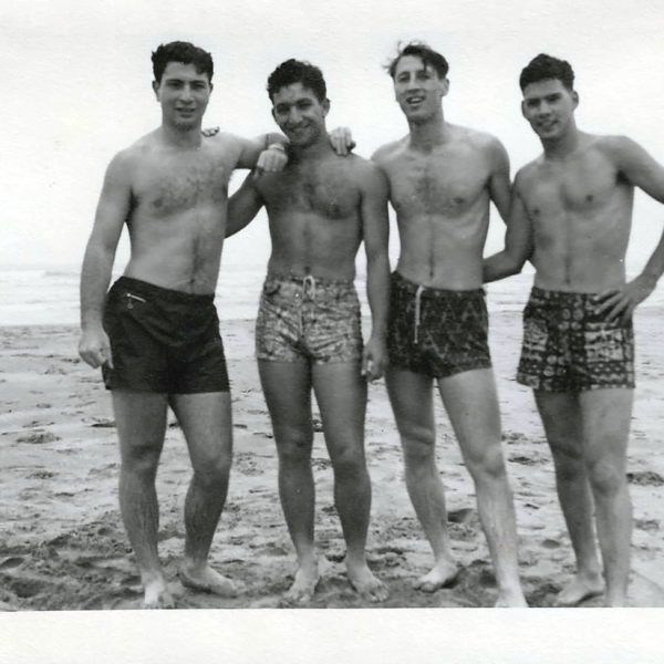 Carrol-Gayle_MenAtAlkiBeach_L-R_JackIsrael-IsaacBaruch-EdBensussen-RichardLesser_300dpi