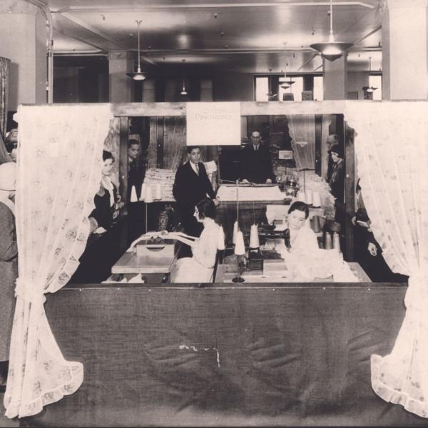 An early Seattle Curtain Manufacturing display at a downtown Seattle department store