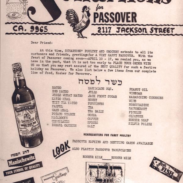 Advertisement flyer for Scharhon's Poultry & Grocery in Kosher Canyon. (1952)