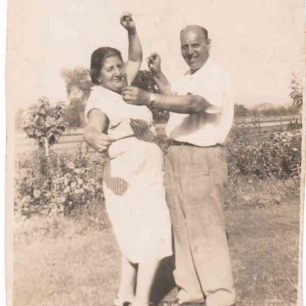 Pola's aunt and uncle  Pola's aunt and uncle (mother's sister and husband), Bessie (Bienvenida) and Hyman Camhi at a relative's farm in Pacoima, CA. Bessie sent this photo to Pola's mother.​​​​​​​