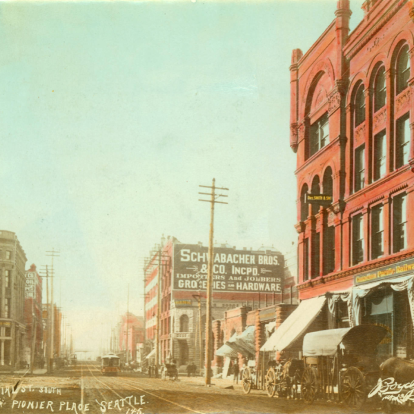 1st Avenue, looking south, from near Cherry St., Seattle, Washington, approximately 1889. Boyd and Braas Photographs. University of Washington Libraries, Special Collections.