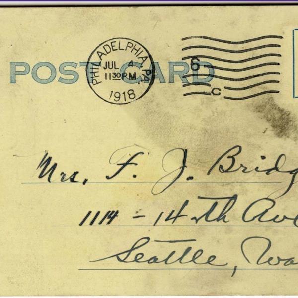 Benjamin Bridge postcard from Old St. Stephen’s Club in Philadelphia to his family confirming his well being during World War I, July 4, 1918