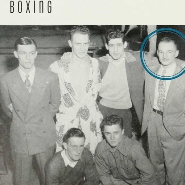 University of Washington yearbook photo with Herb Bridge and his classmates comprising the 1947 UW intramural boxing champions. Herb was a senior welter weight and appears on the far right with a swollen nose. Image Courtesy Bridge family.