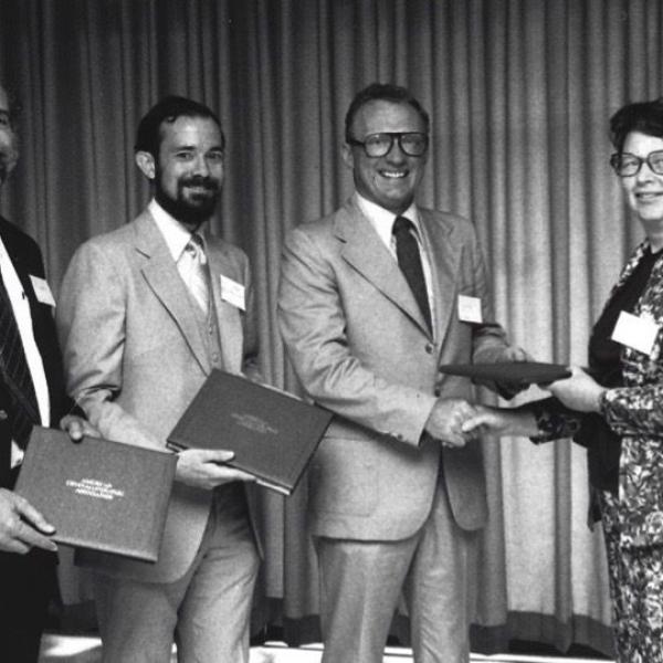 Edward A. Stern, Dale Sayers and Farrel Lytle receiving the prestigious Bertram E. Warren Diffraction Physics award from the American Crystallographic Association in 1979.