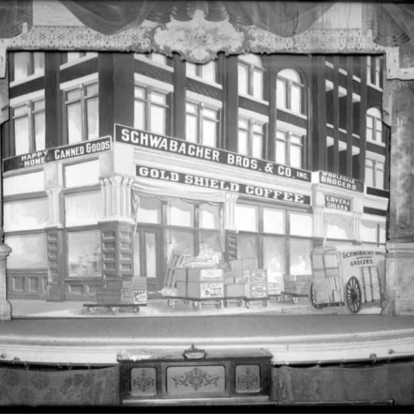 Theater curtain with advertisement for Schwabacher Bros & Co., circa 1905. Image Courtesy MOHAI.