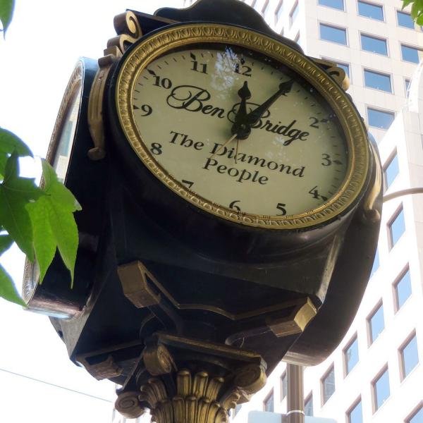 The iconic Ben Bridge street clock created by Joseph Mayer in 1925, at the 4th Avenue and Pike Street in downtown Seattle. Photo courtesy Priscilla Long.