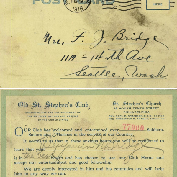 Benjamin Bridge postcard from Old St. Stephen’s Club in Philadelphia to his family confirming his well being during World War I, July 4, 1918
