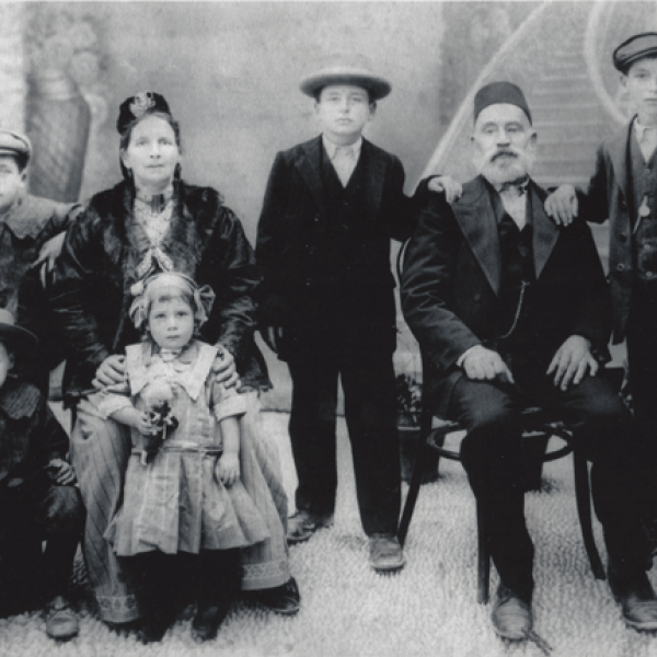 Israel family portrait, in Rhodes, 1915. Left to right: back row: Nissim, Sarah , Sam, Isaac, Morris; front row: John, Bona  Photo Courtesy Samis Foundation