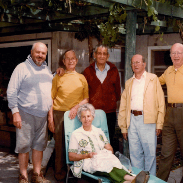 Last gathering of the brothers at Sam’s farm. Left to right: Sam Israel, Morris Israel, Bona Israel Hasson (seated), Albert Hasson, Nissim Israel, John Israel, summer 1977.  Photo courtesy Samis Foundatio