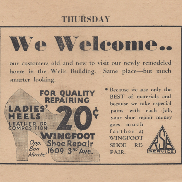 Newspaper ad for Wing Foot Shoe Renewing  Photo courtesy Samis Foundation