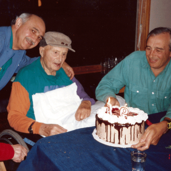Sam’s 93rd birthday celebration, at Bona Hasson’s home; Robert Hasson, Sam, David Hasson, 1992.  Photo courtesy Samis Foundation