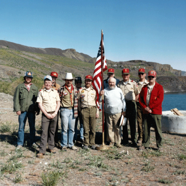 Sam with Boy Scouts, 1986; photograph by Sam Israel  Photo courtesy Samis Foundation