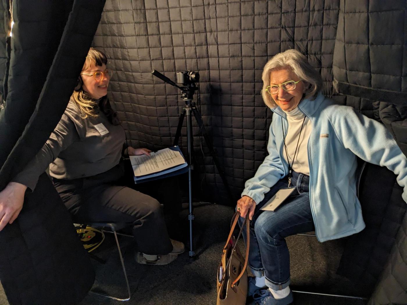 Ruth Kodish-Eskind and Lucy Pruzan exiting the Story Booth at the Seattle Jewish Film Festival in March, 2025.