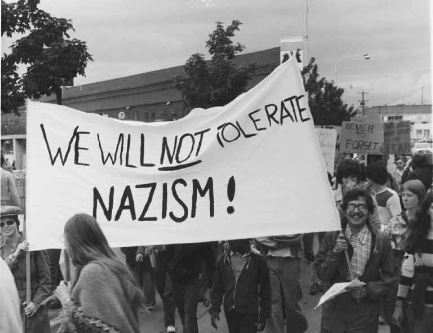 We Will Not Tolerate Nazism! banner at the Seattle counter-march and demonstration in response to Nazi march in Skokie, Illinois, July 9, 1978.
