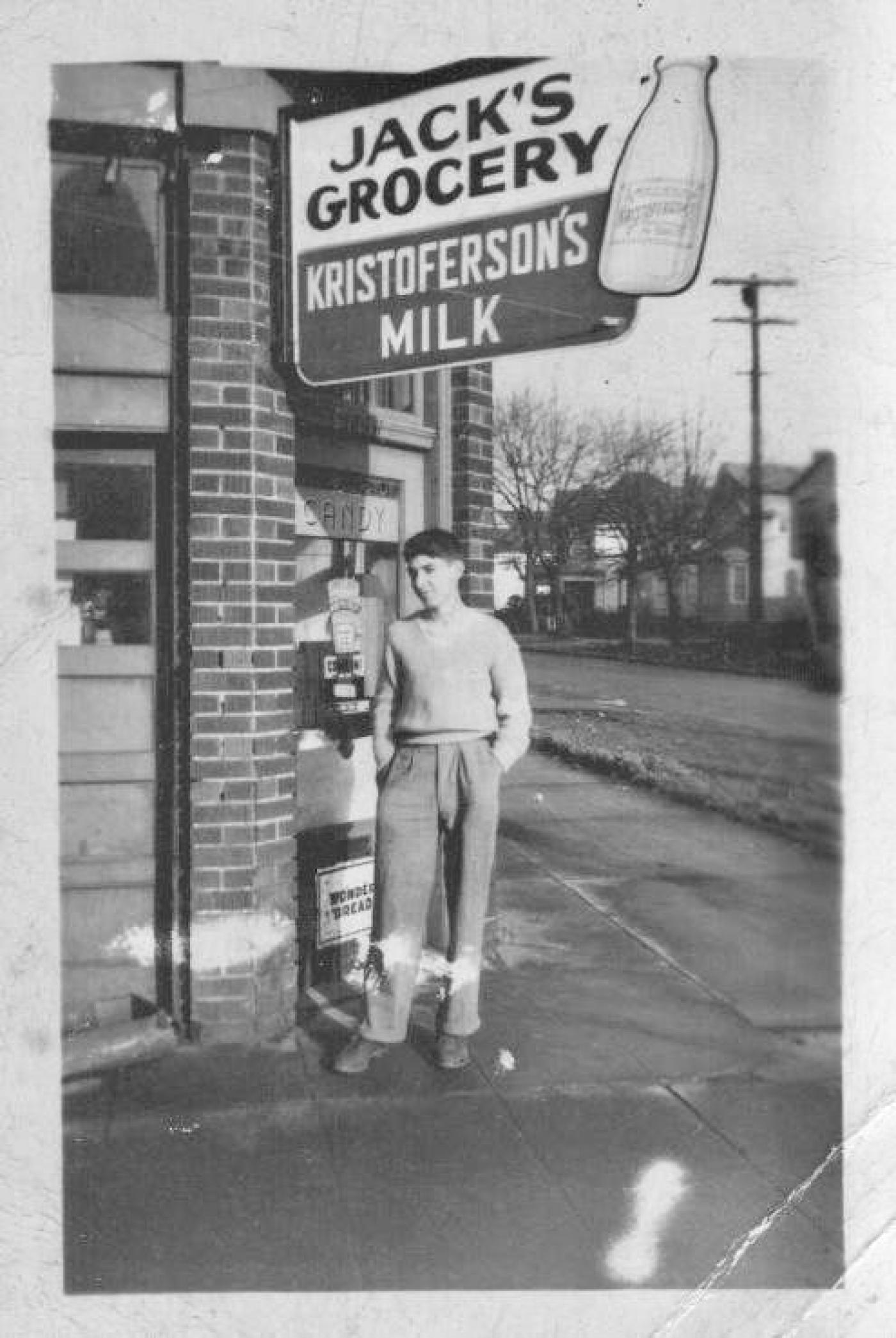 Ike Azose Outside Jack's Grocery on NW Corner of 20th Avenue and Yesler Way, 1946. Image courtesy Ike Azose.