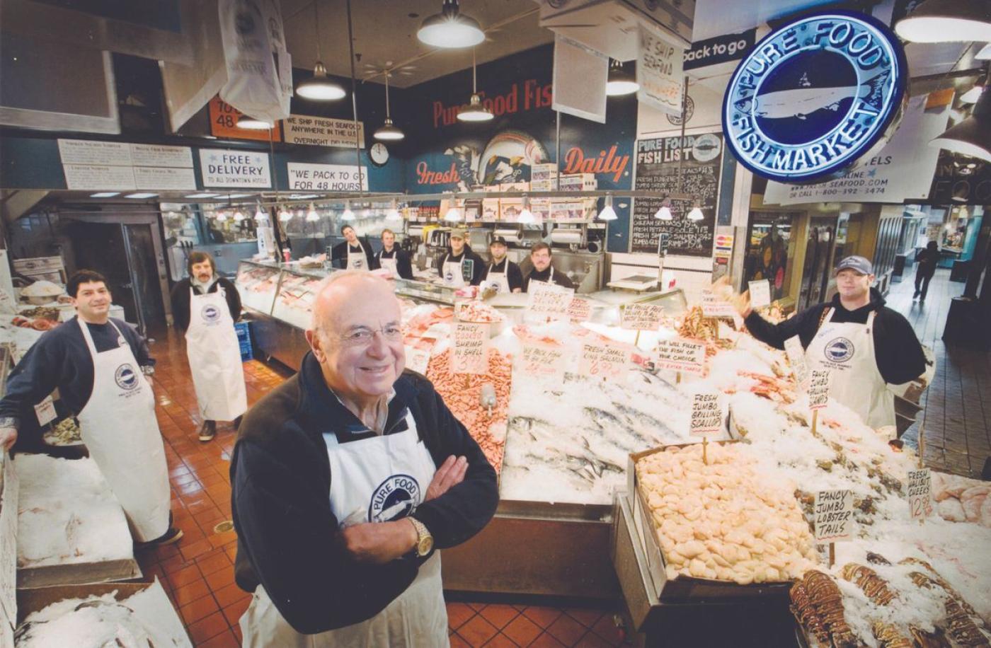 Solly Amon (front) with his crew at Pure Food Fish, from about 20 years ago (c.2000).