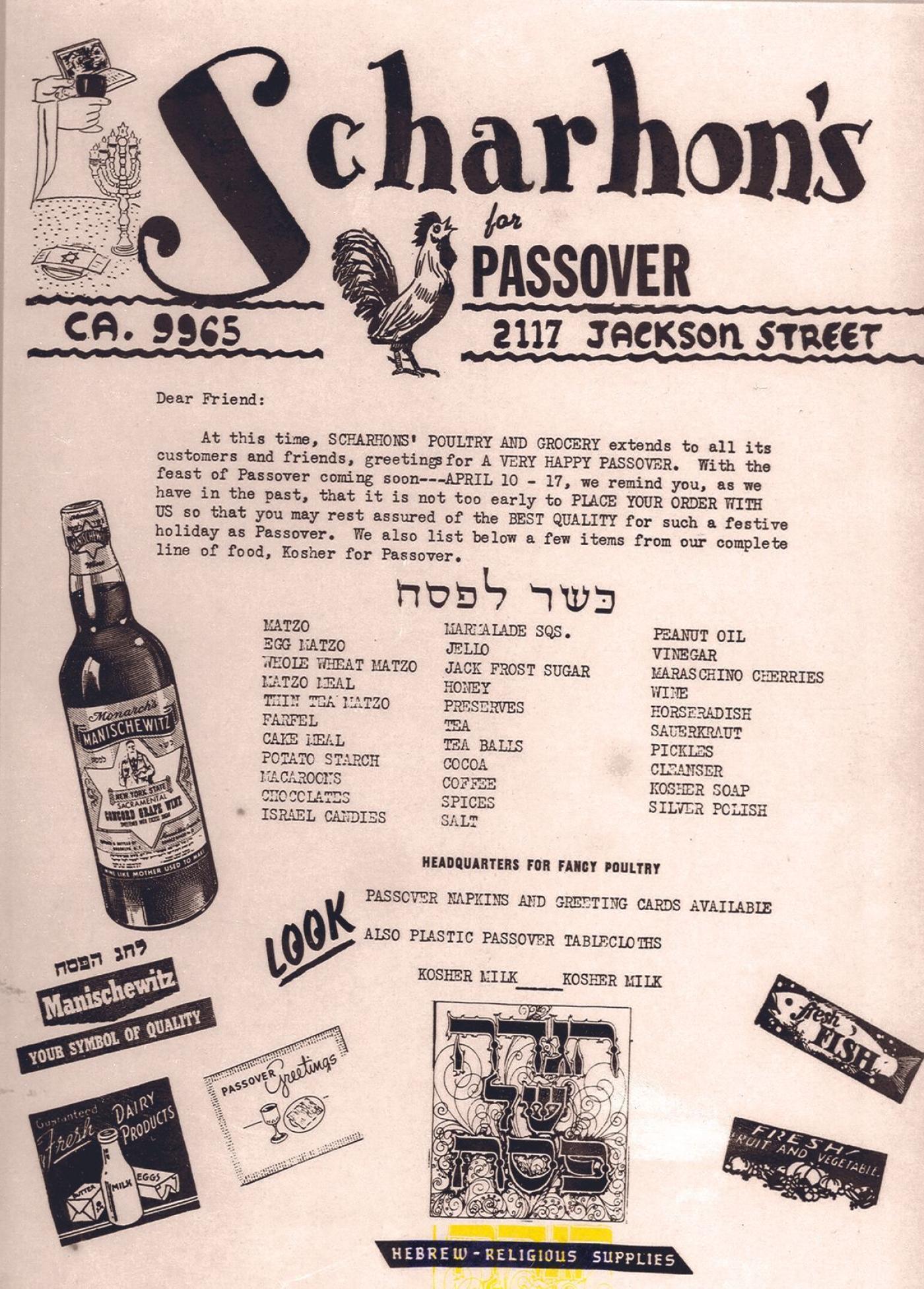 Advertisement flyer for Scharhon's Poultry & Grocery in Kosher Canyon. (1952)