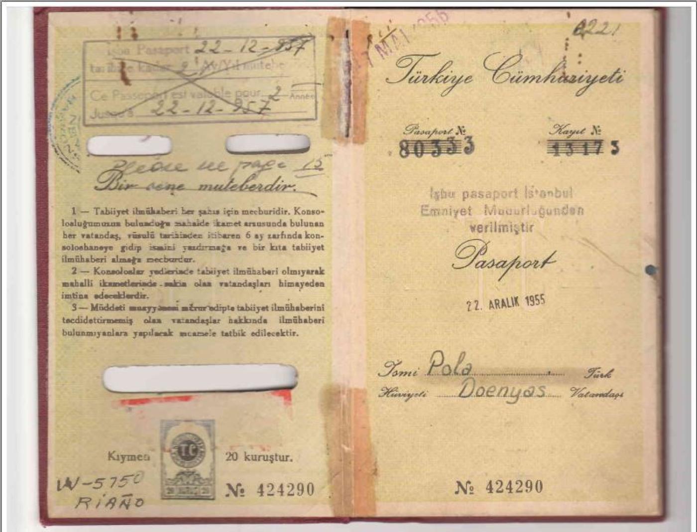 Inside cover of Pola's Turkish passport