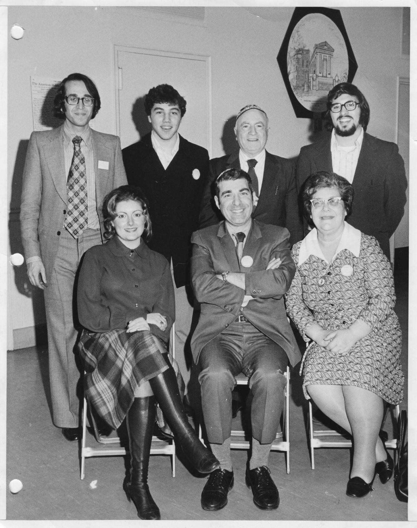 Ike Azose, sitting front row center, with the Seattle Group at the American Sephardi Federation's 1st National Convention, 1973. Image courtesy Ike Azose. Individuals in Group: From left, standing: Dr. Renee Levy, Rabbi Frank Varon, Bension Maimon (Ike's uncle), Michael Galanti. From left (sitting): Linda Capeluto, Ike Azose, Lucy Maimon (Bension's wife).