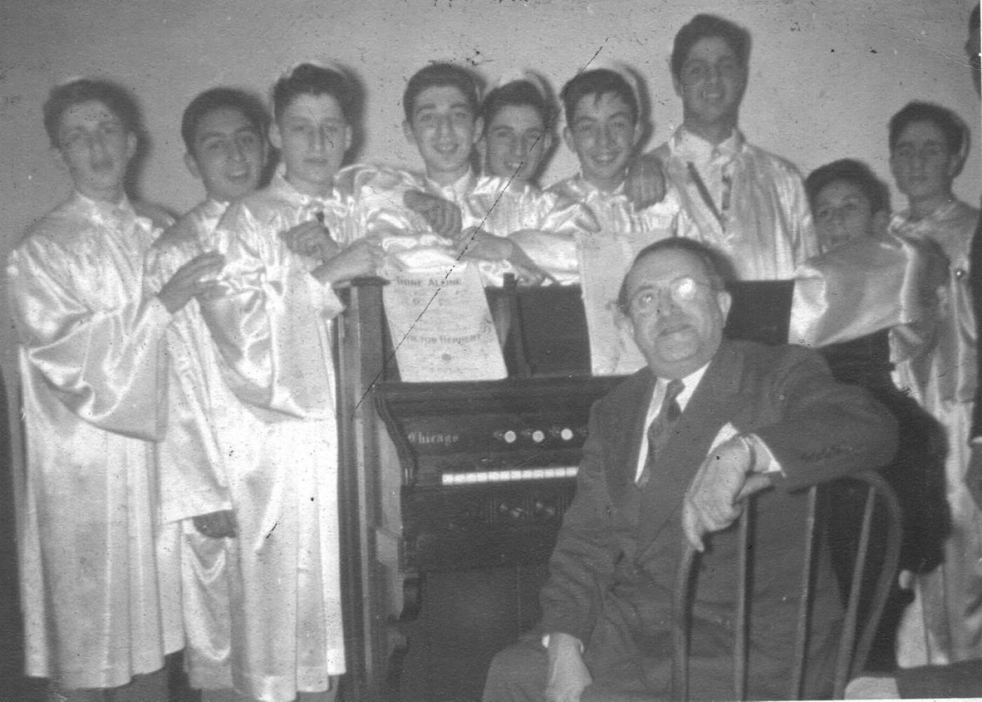 Sephardic Bikur Holim Choir, ca. 1943. From left: Norman Calvo, David (Morris) Funes A"A, Jerry (Ike) Amon A"A, Ike Azose, Ike Eskenazi A"A, Vic Amira, Leon Benezra, Dave Altaras, Sol Jerusalmi A"A. Seated: Samuel Goldfarb. Image courtesy Sephardic Bikur Holim. 