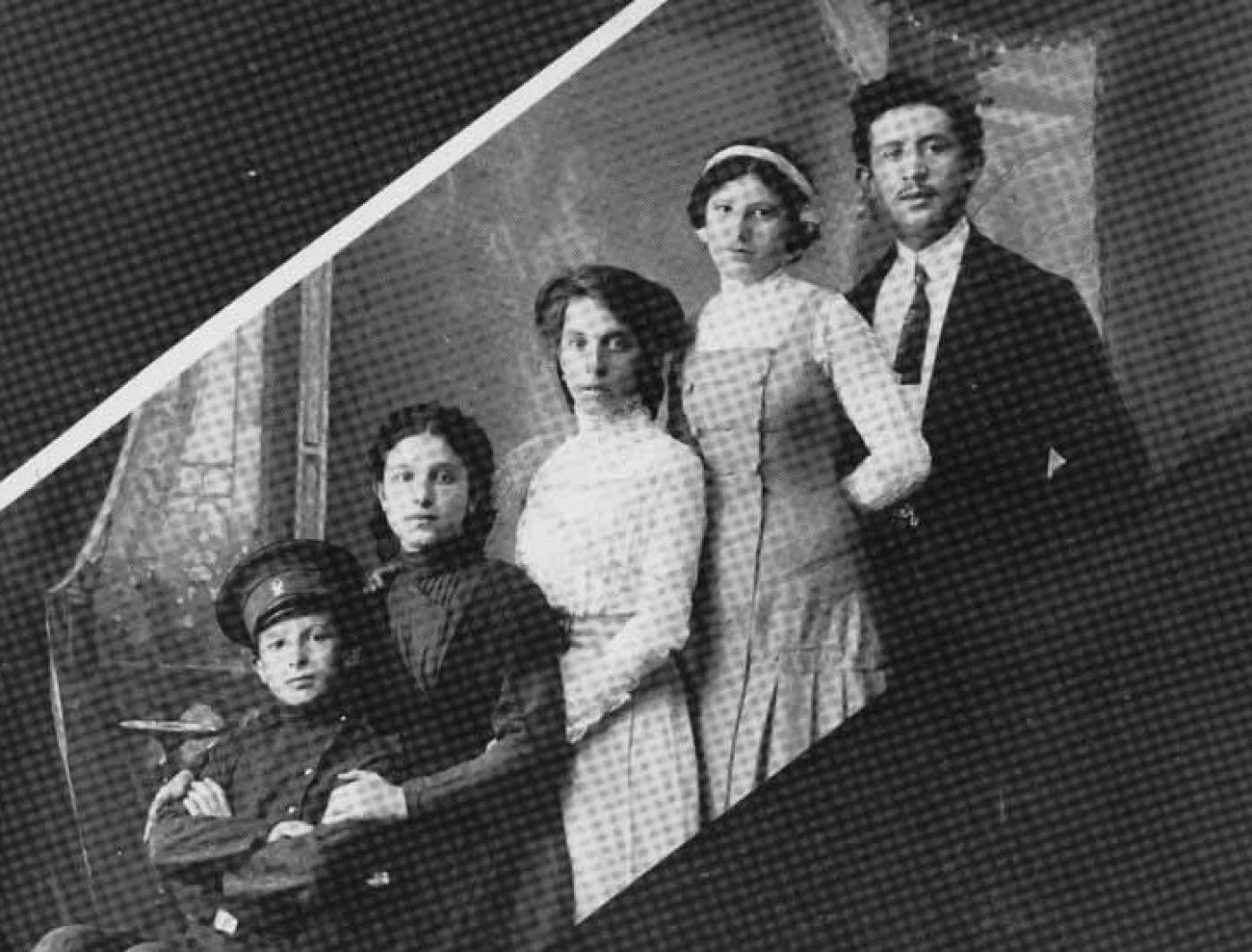 Solomon "Sol" Chaiken (right) and Rachel Weber, engaged, with Rachel's siblings and unidentified woman (center), Maykop, Russia, approximately 1909-1910