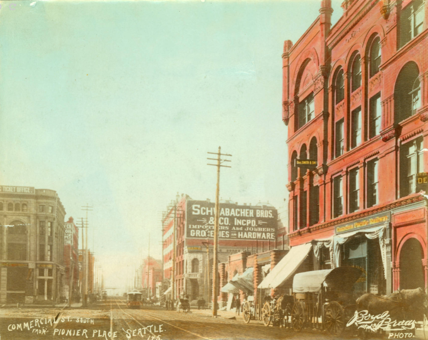 1st Avenue, looking south, from near Cherry St., Seattle, Washington, approximately 1889. Boyd and Braas Photographs. University of Washington Libraries, Special Collections.