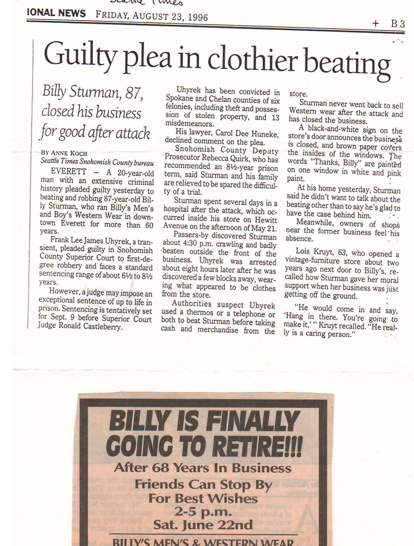 Article in Seattle Times of Billy's Beating