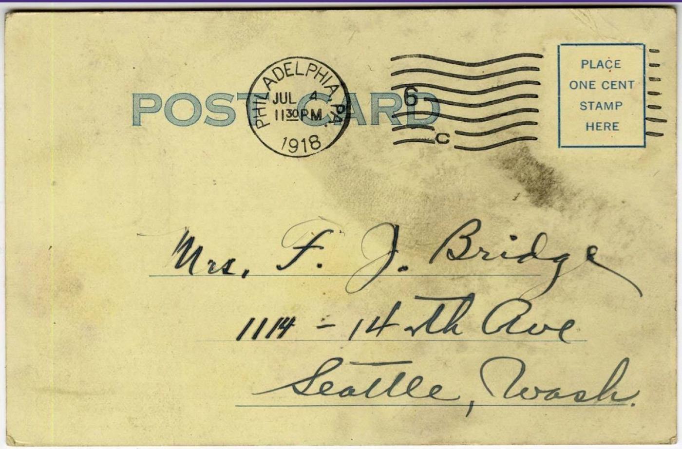 Benjamin Bridge postcard from Old St. Stephen’s Club in Philadelphia to his family confirming his well being during World War I, July 4, 1918