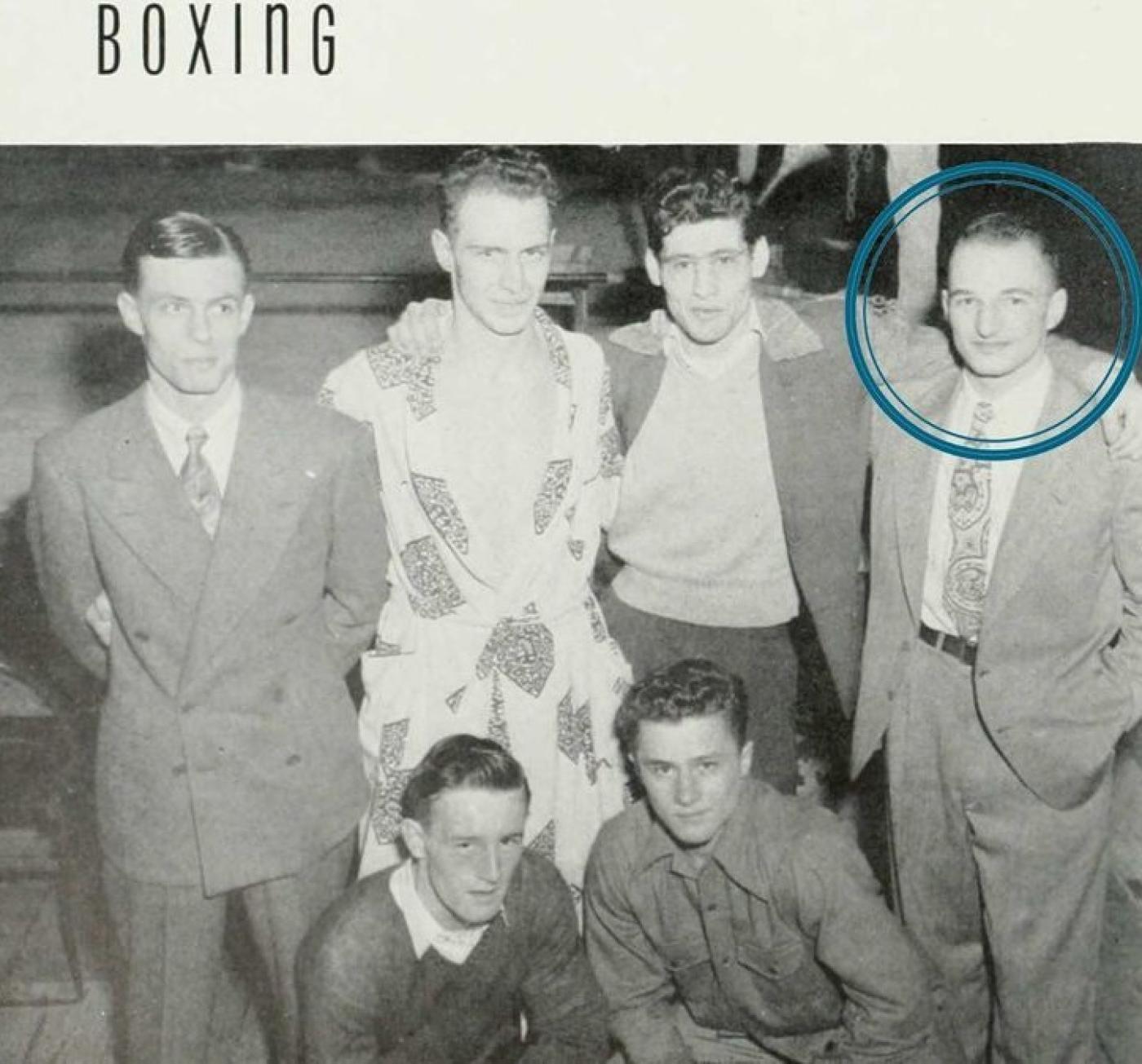 University of Washington yearbook photo with Herb Bridge and his classmates comprising the 1947 UW intramural boxing champions. Herb was a senior welter weight and appears on the far right with a swollen nose. Image Courtesy Bridge family.
