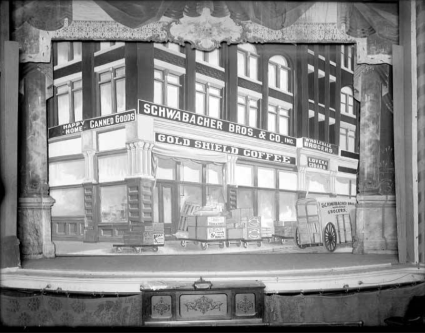 Theater curtain with advertisement for Schwabacher Bros & Co., circa 1905. Image Courtesy MOHAI.
