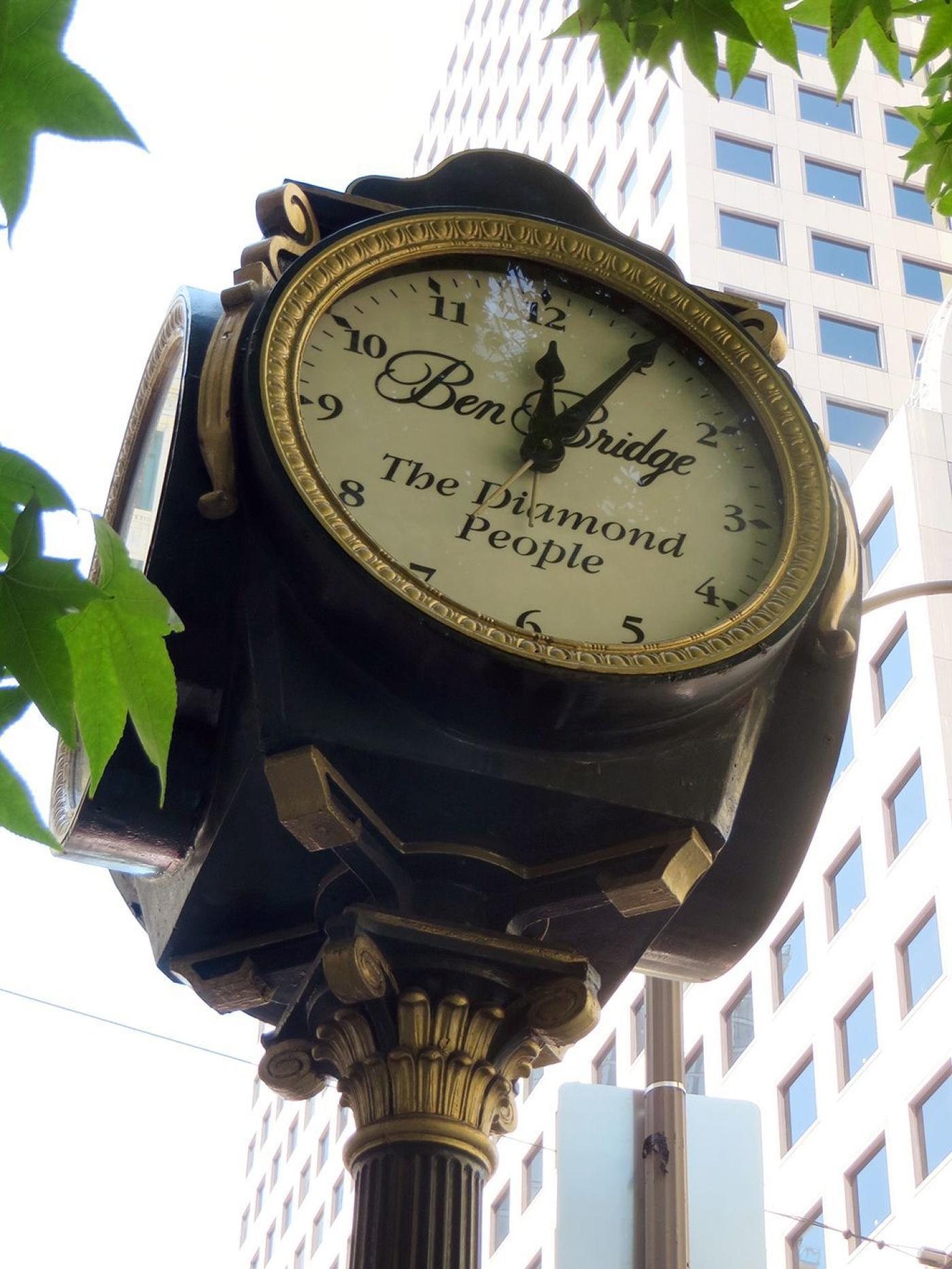 The iconic Ben Bridge street clock created by Joseph Mayer in 1925, at the 4th Avenue and Pike Street in downtown Seattle. Photo courtesy Priscilla Long.