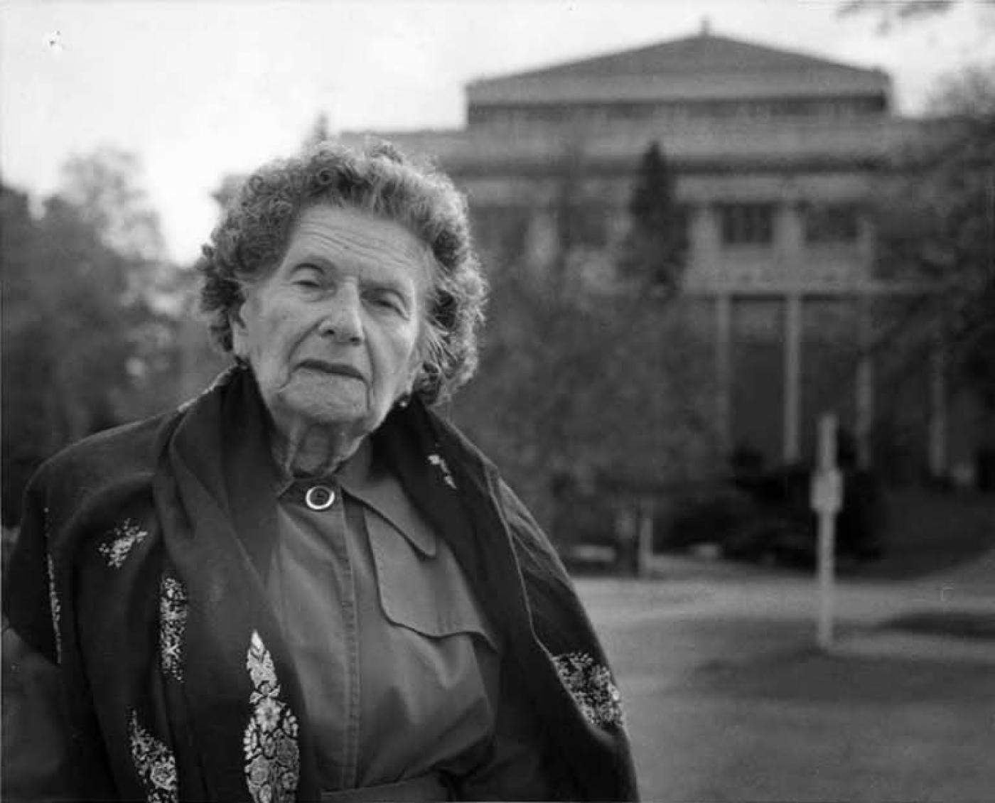 Eva Deutsch in front of Franklin High School, 1987