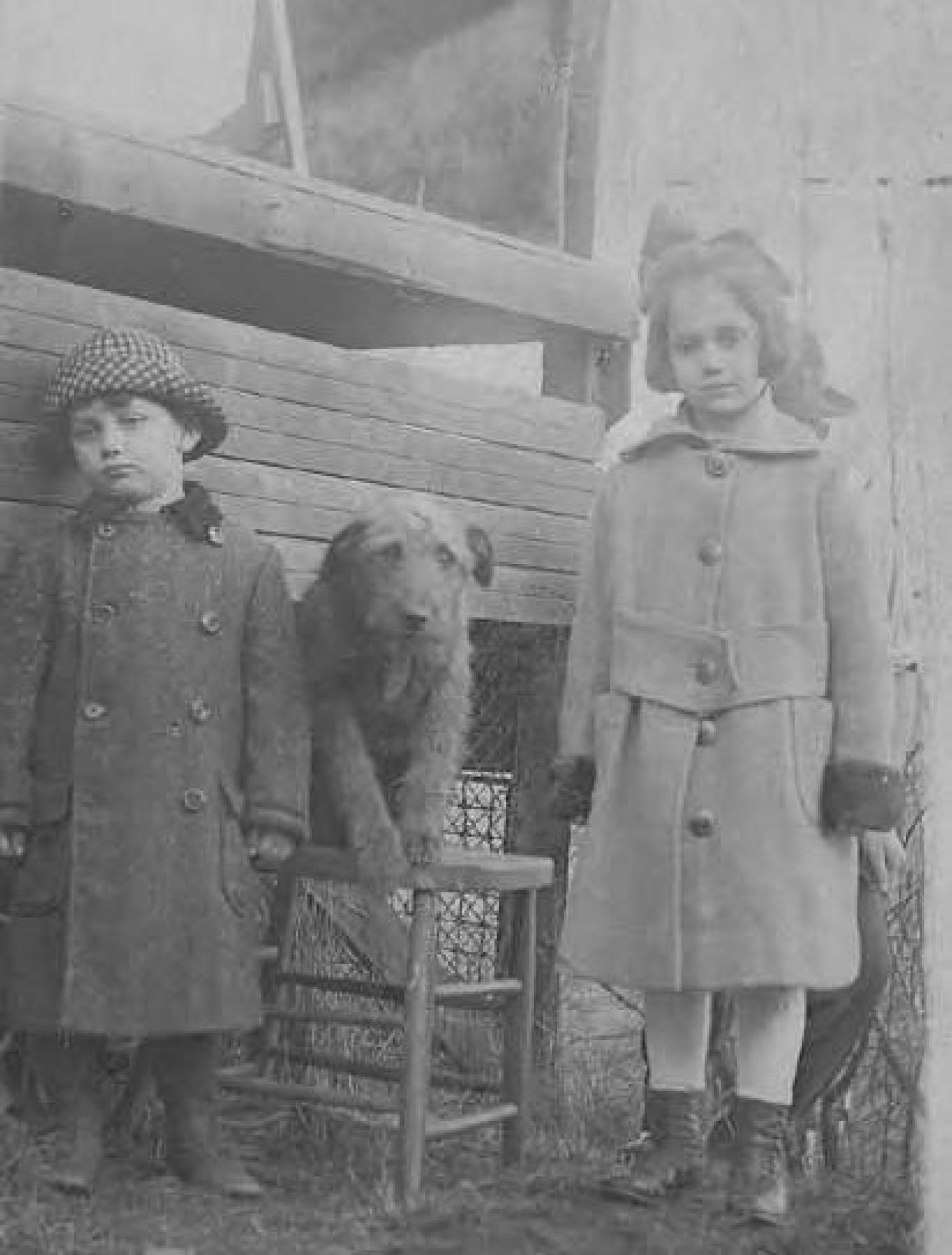 A little boy, a dog and a little girl in a yard, n.d..jpg