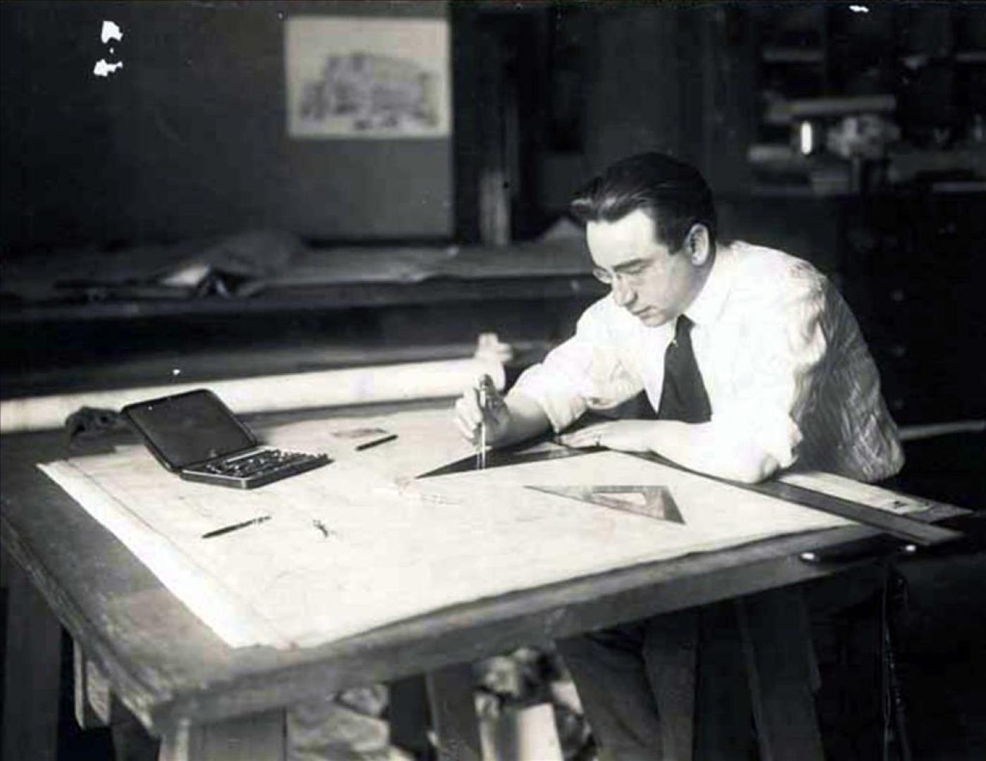 B. Marcus Priteca in on-site office at Coliseum Theatre, Seattle, 1916