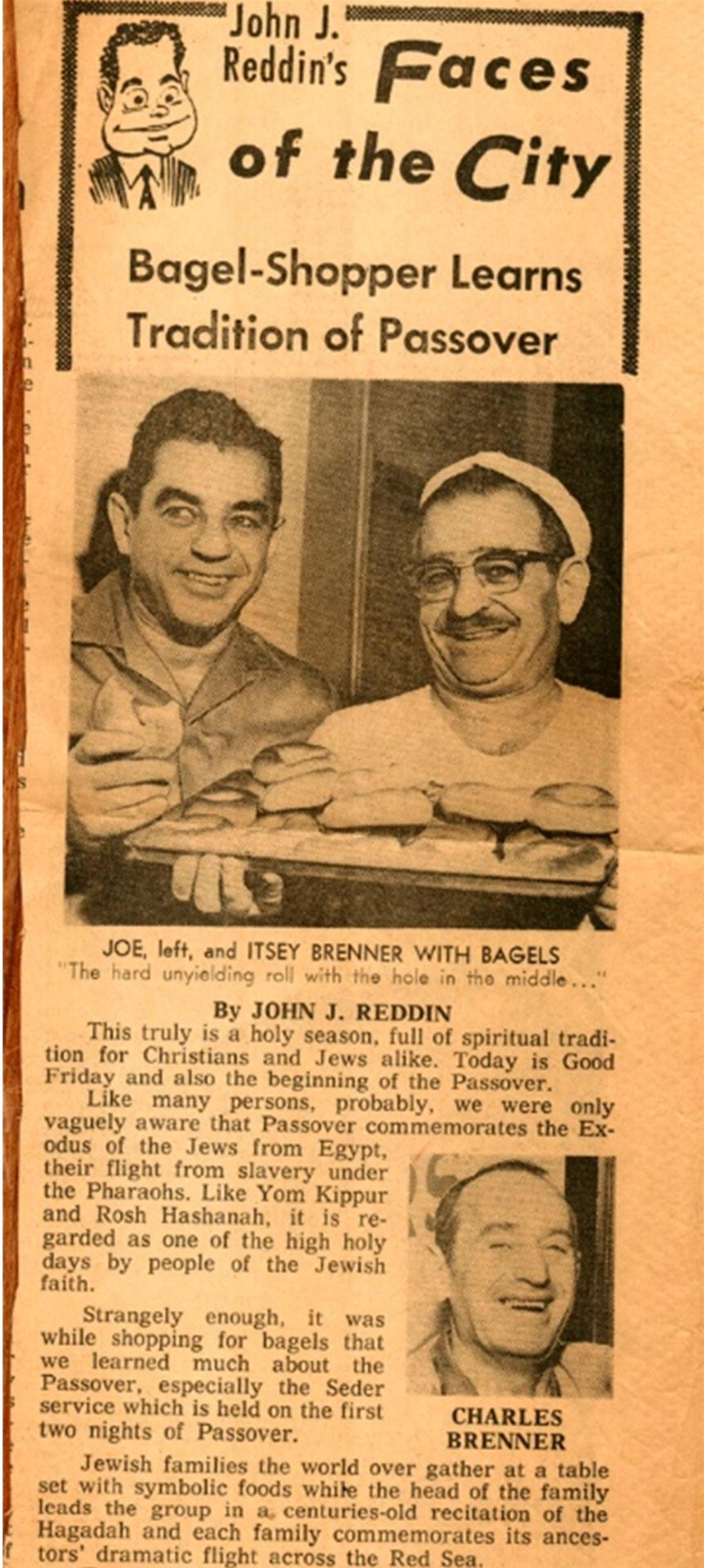 An article talking about Passover tradition and the bagels of Brenner Brothers Bakery