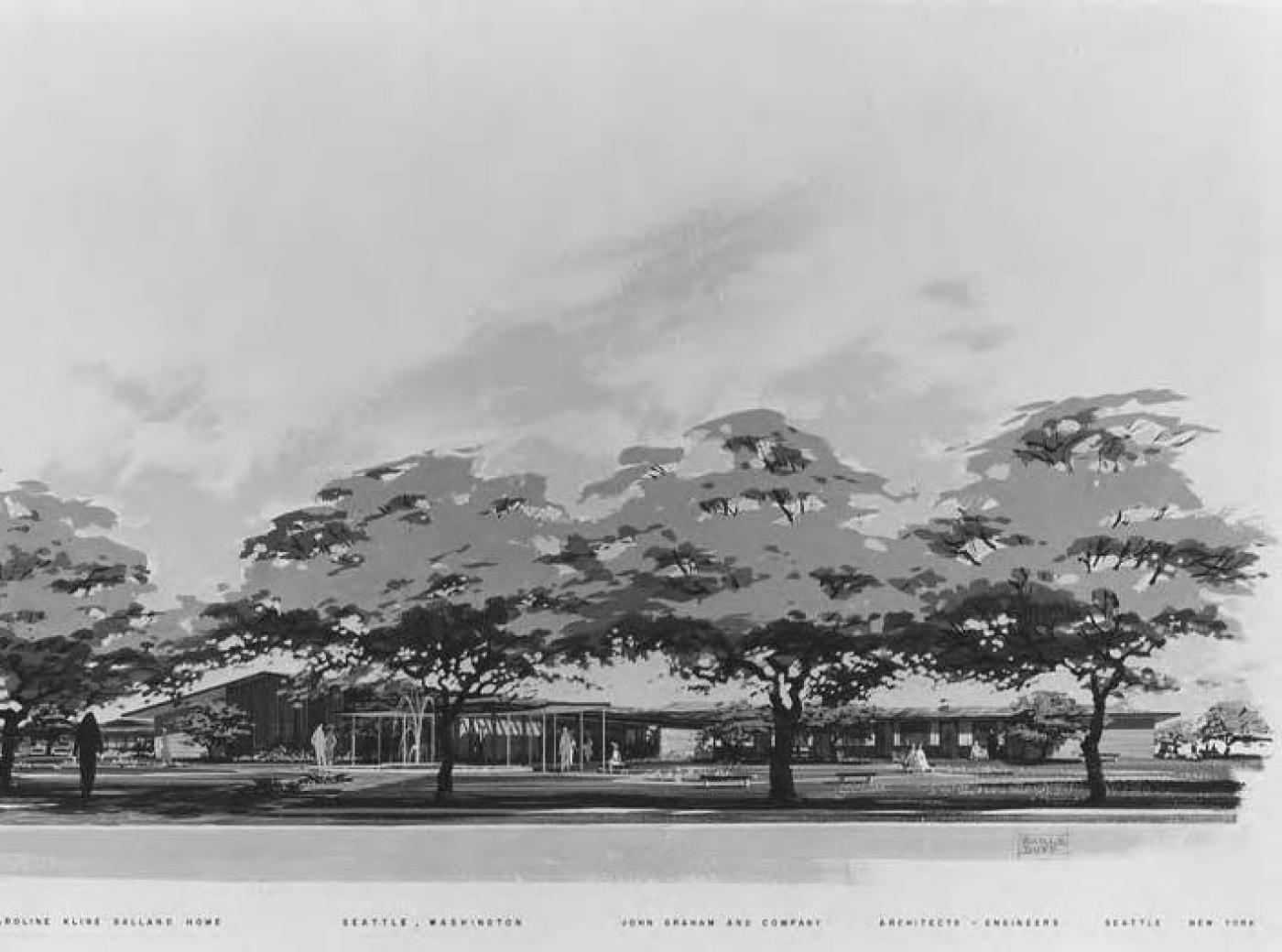 Architectural rendering of the new Caroline Kline Galland Home building, approximately 1965-1966