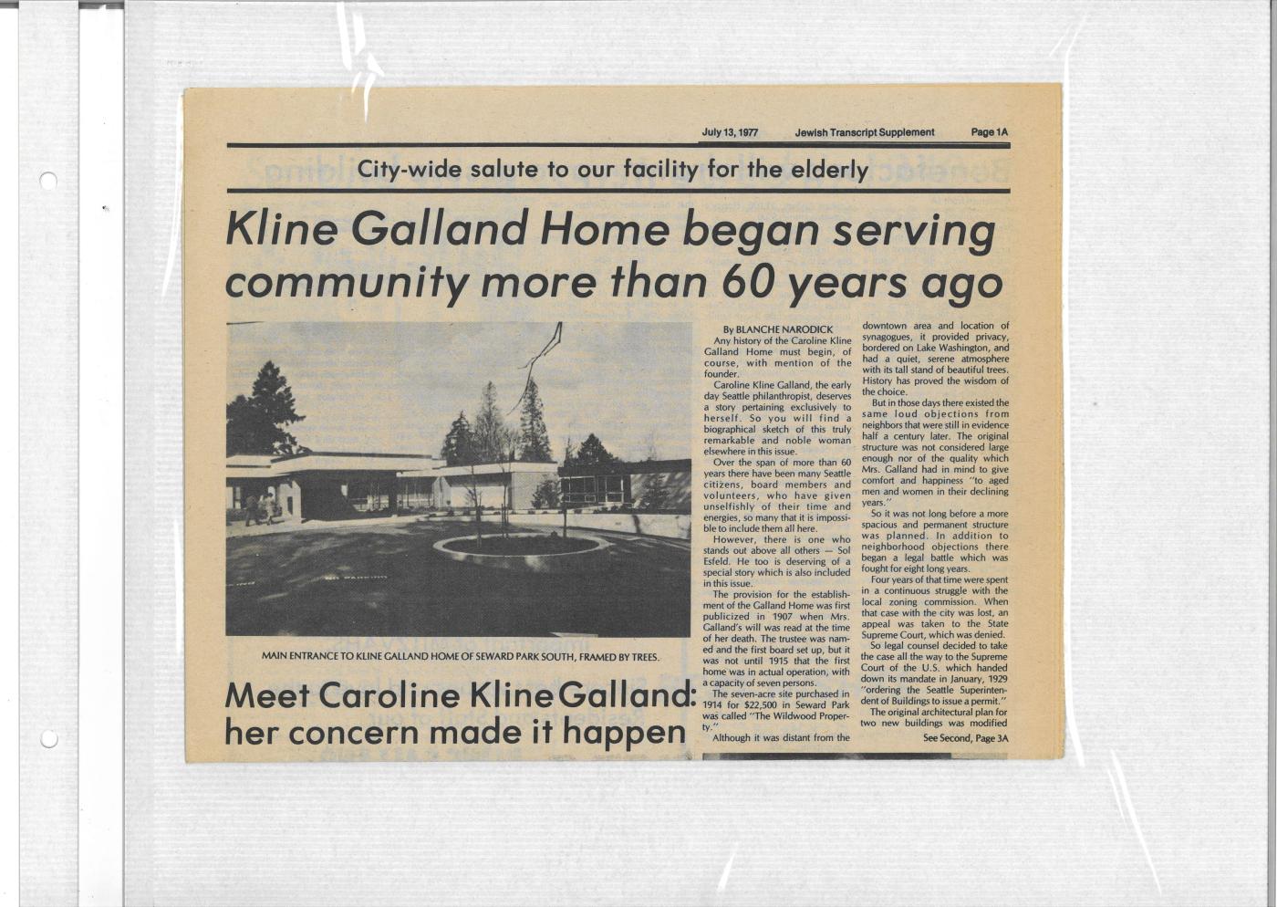 The sixtieth anniversary of Kline Galland (July 13, 1977)