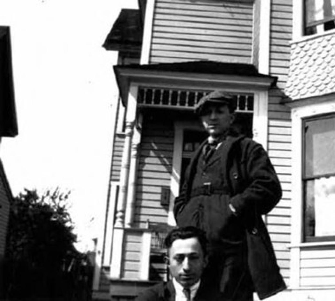 Abe Hoffman and Al Hoffman on street at 18th Ave. and Yesler Way, Seattle
