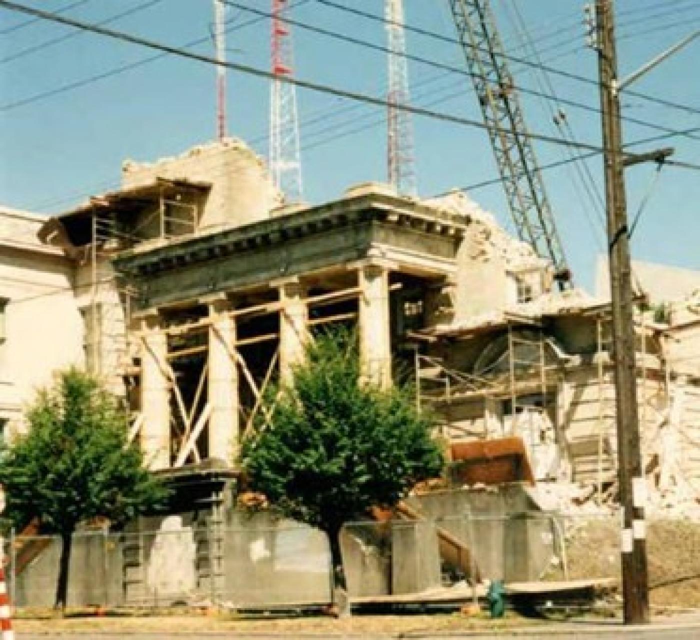 Partially demolished Temple de Hirsch Sinai viewed from across street, August 1992