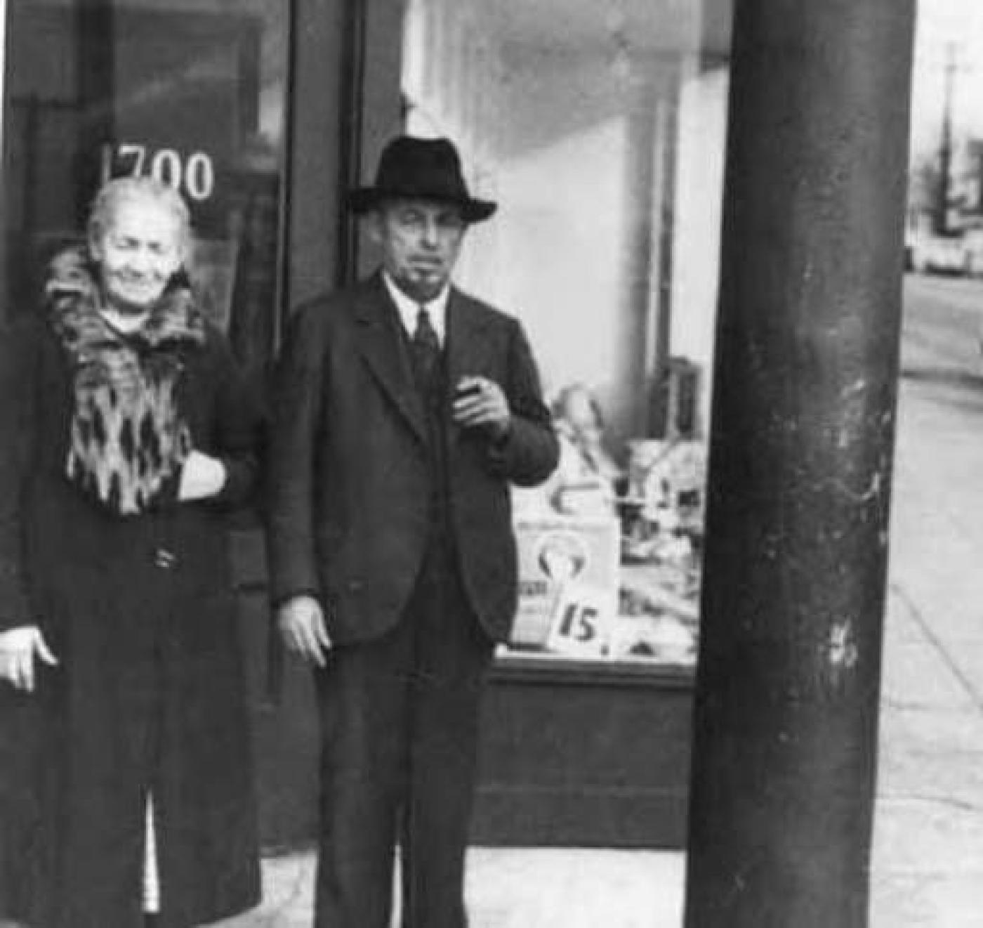 Rose and Louis Friedman in front of store on Yesler Way, Seattle, ca. 1930s
