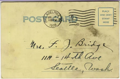 Benjamin Bridge postcard from Old St. Stephen’s Club in Philadelphia to his family confirming his well being during World War I, July 4, 1918