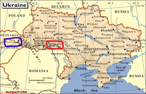 Blue: Uzhorod (Ungvar), L.N. Rosenbaum was born in a village near this city. When the Rosenbaums left Uzhorod, it was part of the Austrian-Hungarian Empire. Red: Kamenetz-Podolsk (Kam'yanets Podi's'kyy), place of Bella Weretnikow's birth. When the Weretnikows left Kamenetz-Podolsk, it was located in Russia. Both cities are now a part of modern-day Ukraine.​​​​​​​