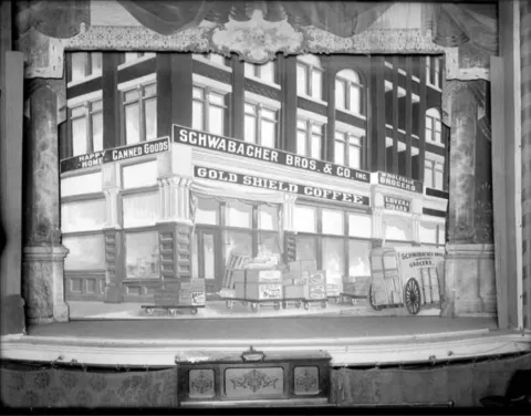 Theater curtain with advertisement for Schwabacher Bros & Co., circa 1905. Image Courtesy MOHAI.