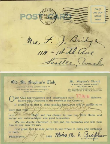Benjamin Bridge postcard from Old St. Stephen’s Club in Philadelphia to his family confirming his well being during World War I, July 4, 1918