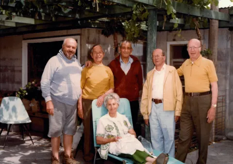 Last gathering of the brothers at Sam’s farm. Left to right: Sam Israel, Morris Israel, Bona Israel Hasson (seated), Albert Hasson, Nissim Israel, John Israel, summer 1977.  Photo courtesy Samis Foundatio