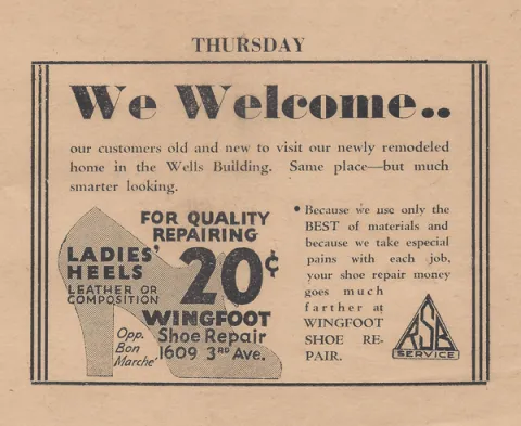 Newspaper ad for Wing Foot Shoe Renewing  Photo courtesy Samis Foundation