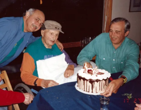 Sam’s 93rd birthday celebration, at Bona Hasson’s home; Robert Hasson, Sam, David Hasson, 1992.  Photo courtesy Samis Foundation