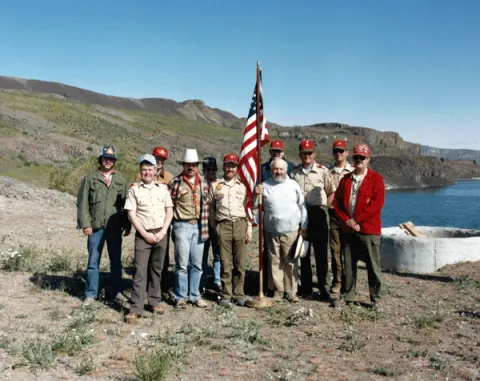 Sam with Boy Scouts, 1986; photograph by Sam Israel  Photo courtesy Samis Foundation
